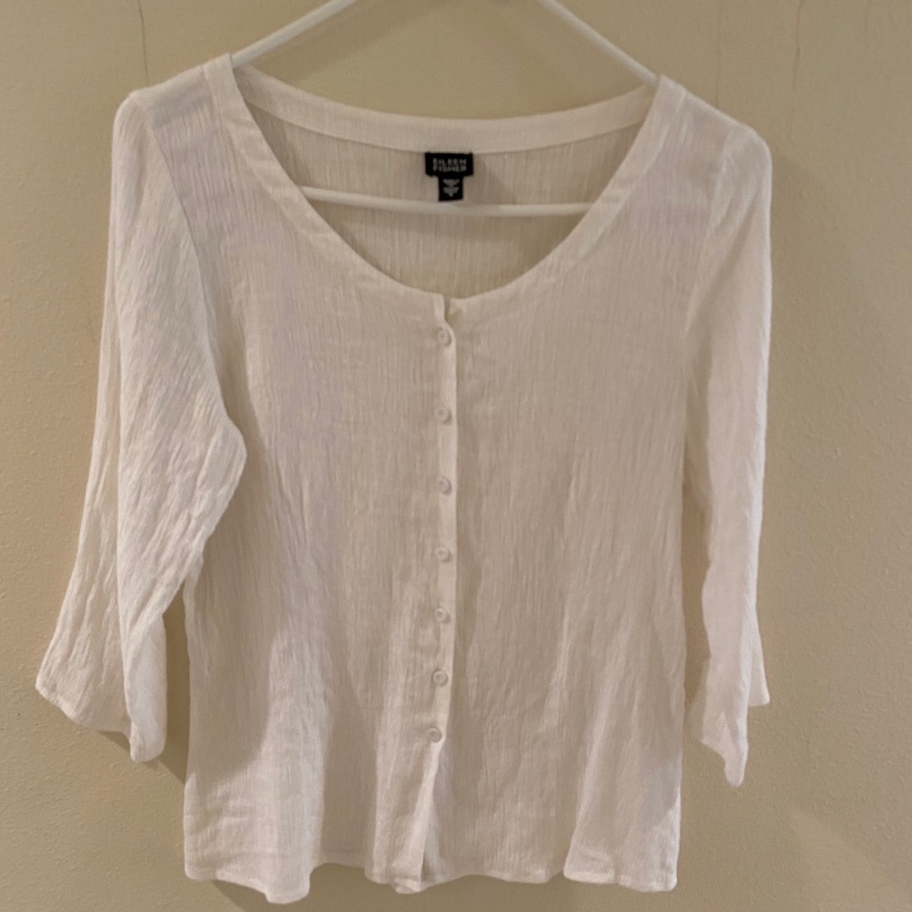 Eileen Fisher White Crepe Cotton Button Top